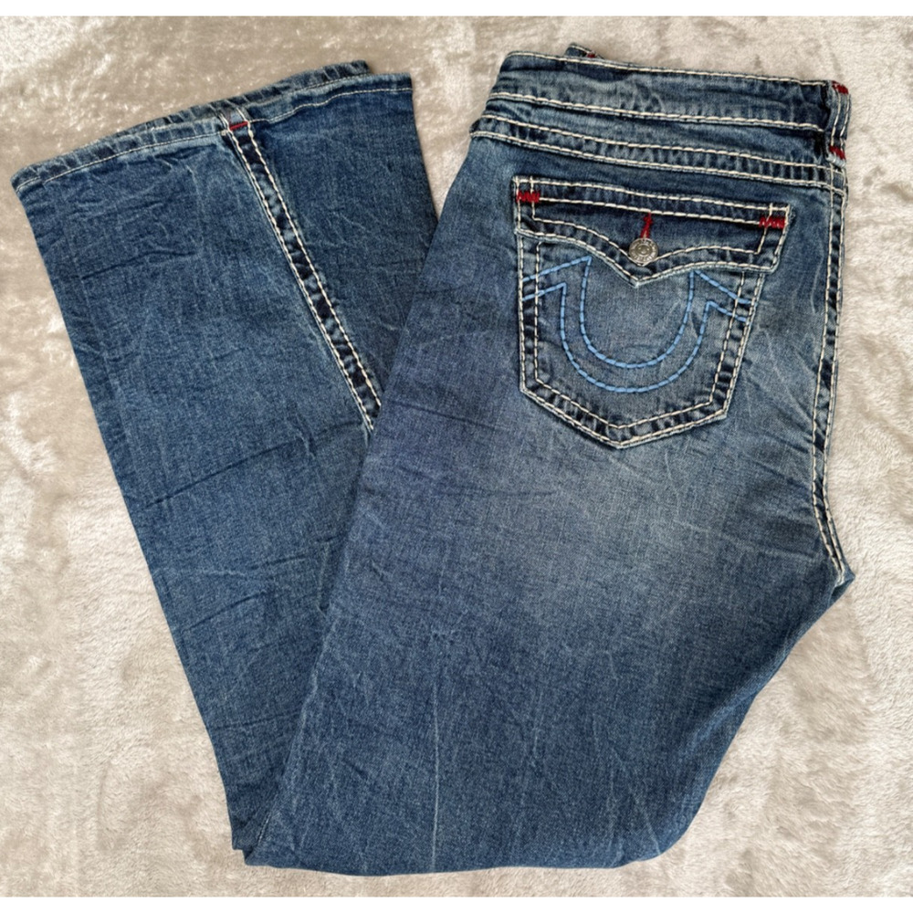 True Religion Joey Blue Low Rise Flare Denim Jeans Y2K Flap Pockets Mens 34x34